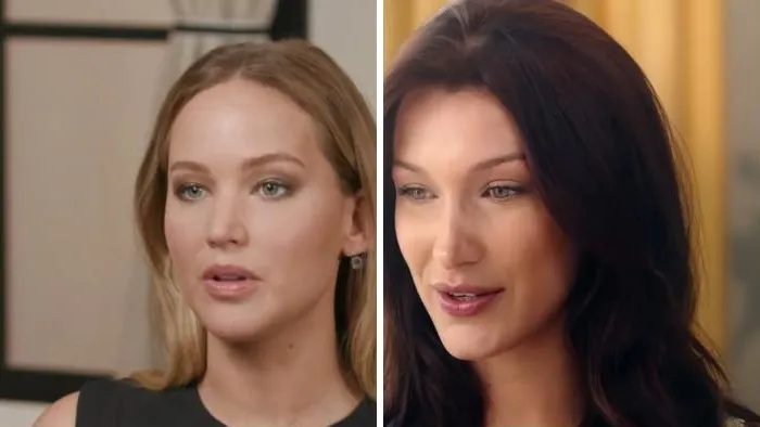 Side-by-side comparison of celebrity lookalikes Jennifer Lawrence and Bella Hadid.