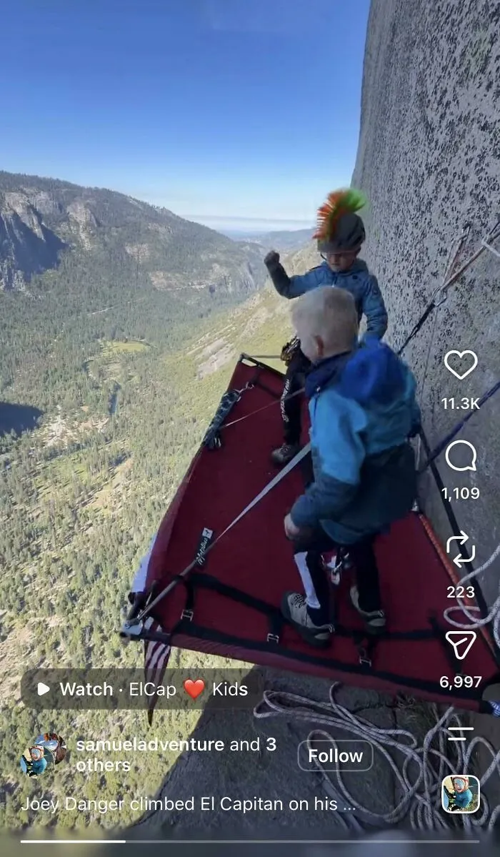 Kids climbing on a ledge platform on El Capitan rock face