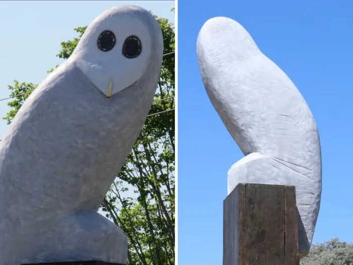 An oddly shaped white owl sculpture, an example of unusual public art