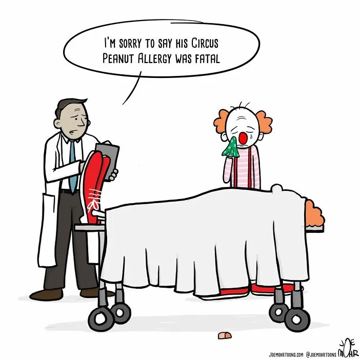 Darkly funny cartoon of a doctor telling a sad clown about a fatal peanut allergy.