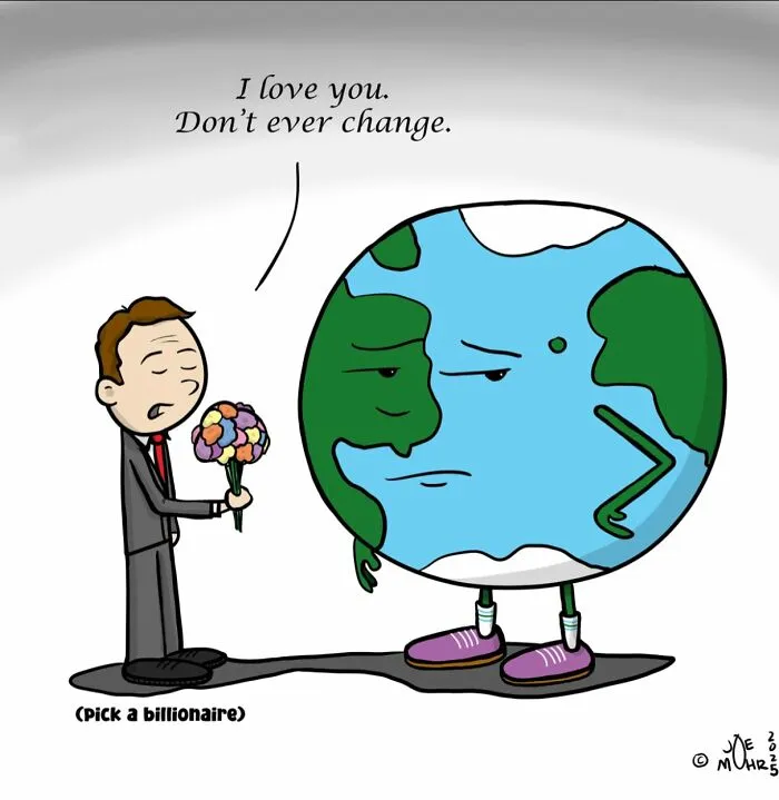 Darkly funny cartoon showing a man offering flowers to an angry Earth, dark humor cartoon by Joe Mohr