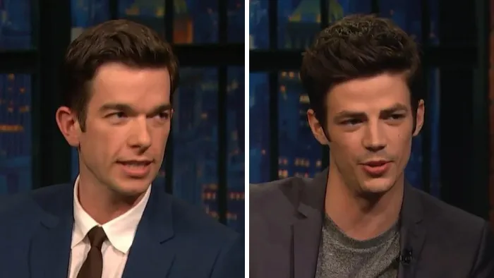 Celebrity lookalikes John Mulaney and Grant Gustin showing off their remarkably similar facial features