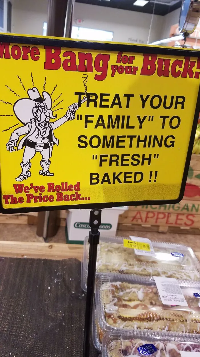 Bakery display sign with misused quotation marks around the words family and fresh.