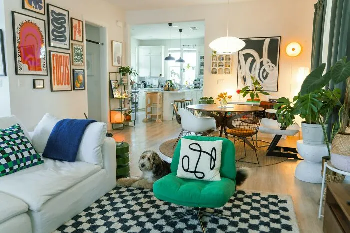 Cozy modern living room interior with indoor plants and a small dog resting
