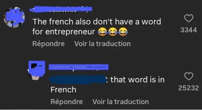 Comment thread about the word entrepreneur, demonstrating why some Americans shouldn't use freedom of speech