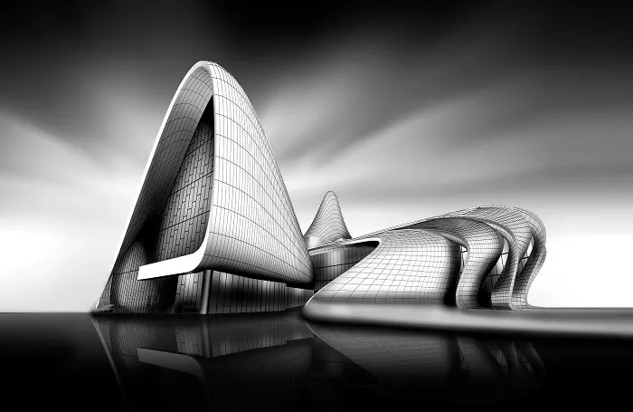 Futuristic architecture of buildings and spaces in a black and white fine art photo