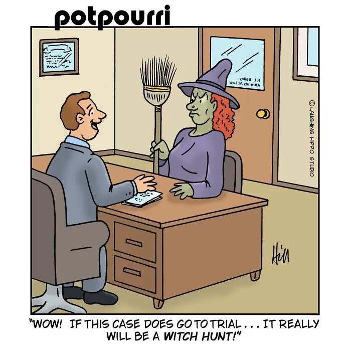 A witch sitting in an attorney office in a funny one-panel comic from Laughing Hippo Studio.