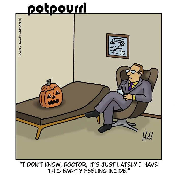 A carved jack-o-lantern on a therapy couch in a one-panel comic about spooky humor.