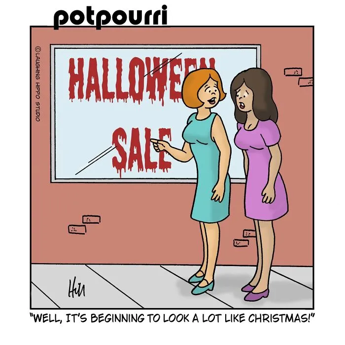 A funny one-panel comic with two women looking at a Halloween Sale window display.