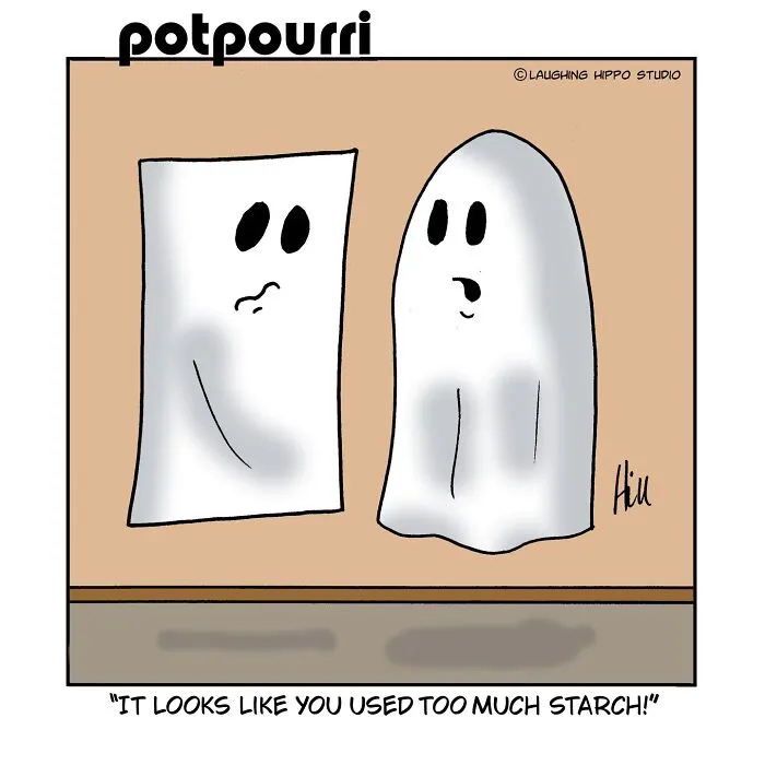 A humorous one-panel comic featuring a ghost looking at another ghost shaped like a rigid sheet.