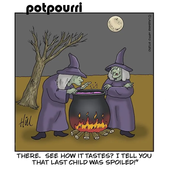 A one-panel comic from Laughing Hippo Studio depicting two witches brewing a potion over a fire under the full moon.