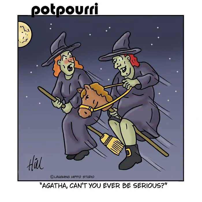 A funny one-panel comic by Laughing Hippo Studio showing two witches flying on broomsticks at night.