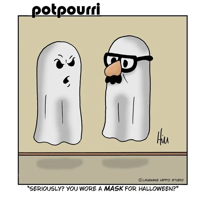 Ghost wearing a disguise mask in a funny one-panel comic from Laughing Hippo Studio.
