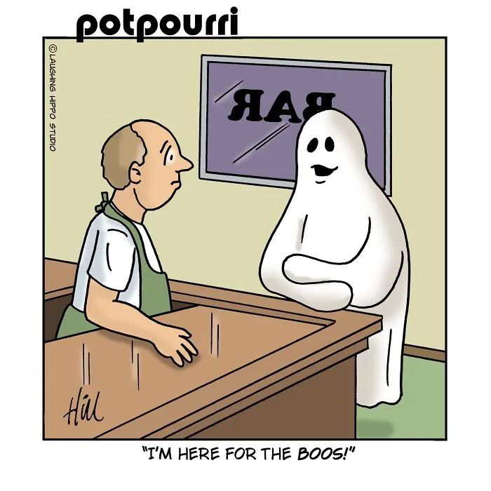 Ghost ordering at a bar in a funny one-panel comic by Laughing Hippo Studio.