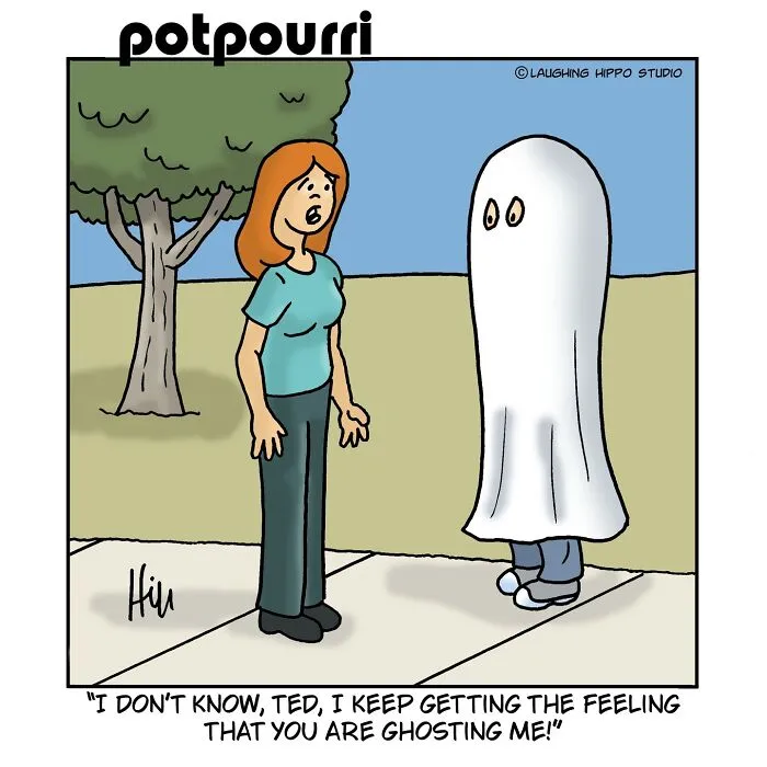 A one-panel comic by Laughing Hippo Studio with a woman talking to a man dressed in a ghost sheet costume.