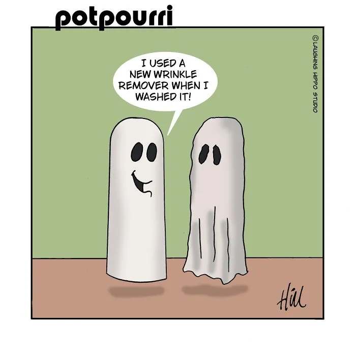 A one-panel comic featuring two ghosts talking about a wrinkle remover on one of their sheet costumes.