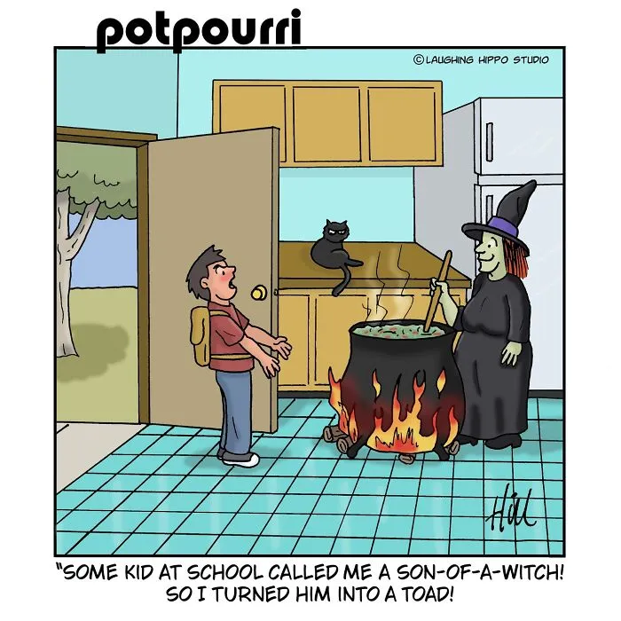 A comic from Laughing Hippo Studio showing a witch stirring a cauldron as her son tells her about school.