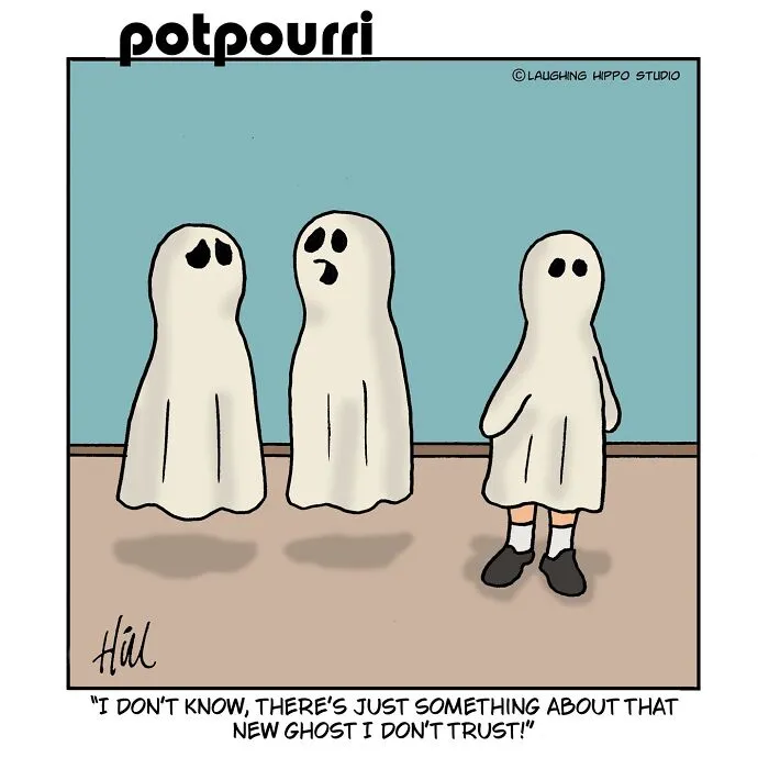 One-panel comic by Laughing Hippo Studio depicting two real ghosts looking suspiciously at a child in a ghost costume.
