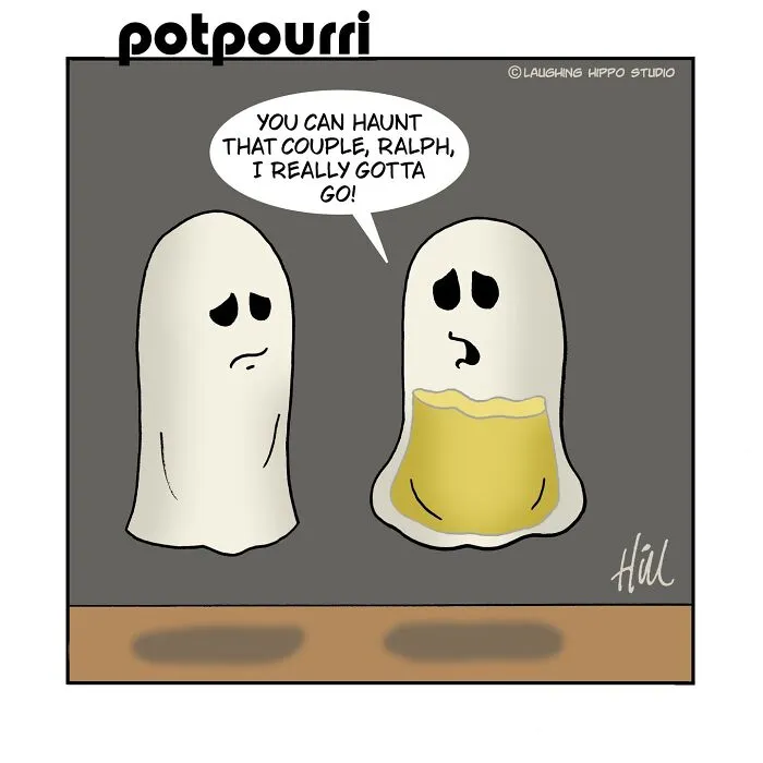 One-panel comic by Laughing Hippo Studio showing two ghosts floating, with one needing to leave.