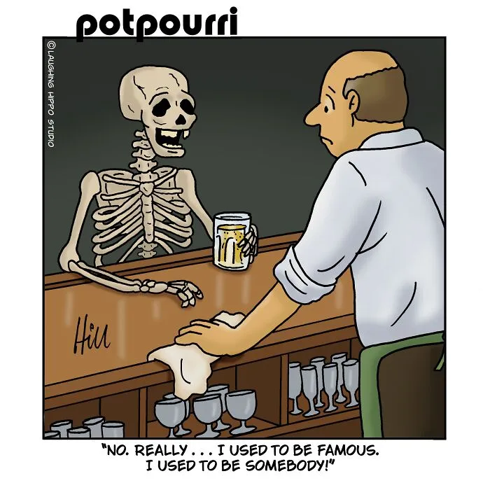 One-panel comic by Laughing Hippo Studio featuring a skeleton drinking at a bar and talking to a bartender.