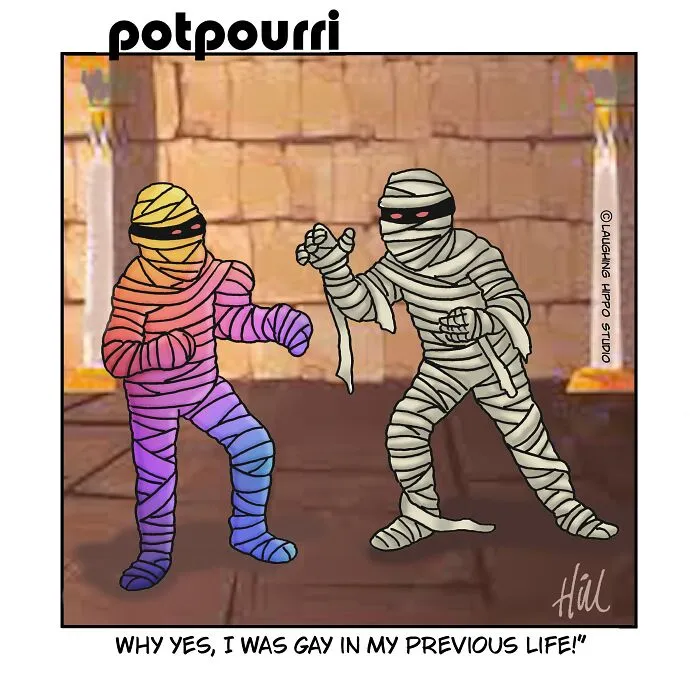 One-panel comic by Laughing Hippo Studio showing a rainbow-wrapped mummy talking to a plain mummy.