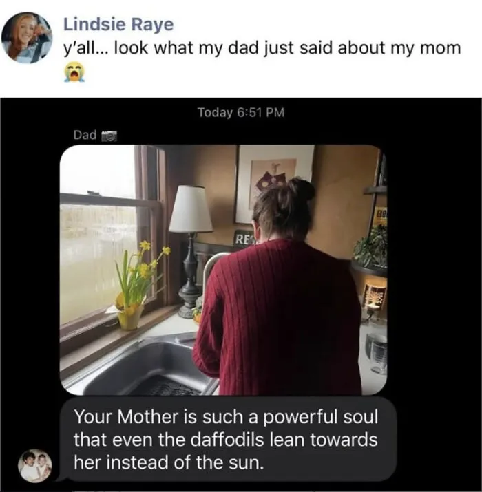 Text message praising a mother by a sink, representing wholesome moments of family love.