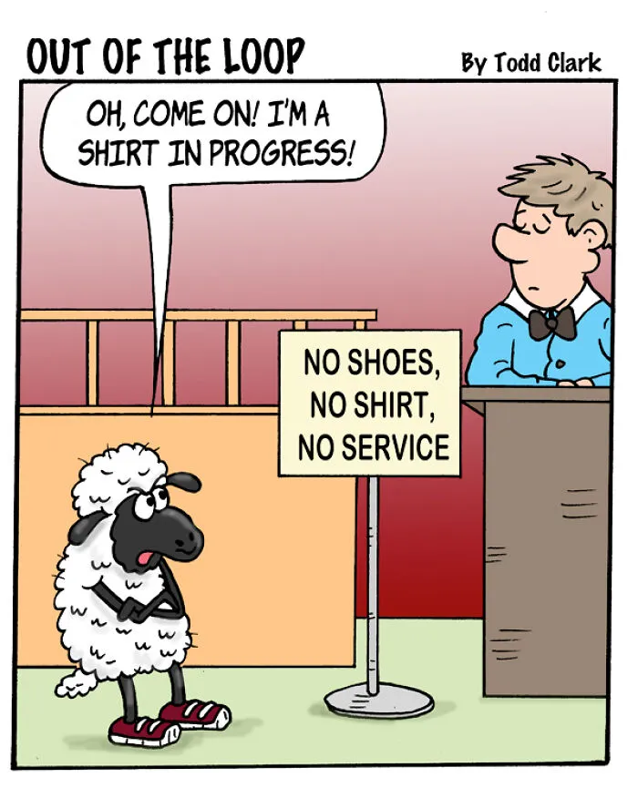 A sheep in shoes tries to enter a restaurant in this satirical comic.
