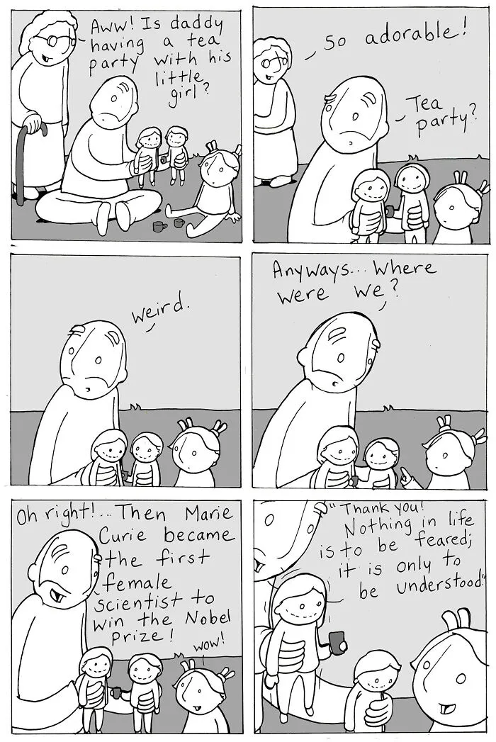 Comic illustrating a dad teaching history with kindness and science