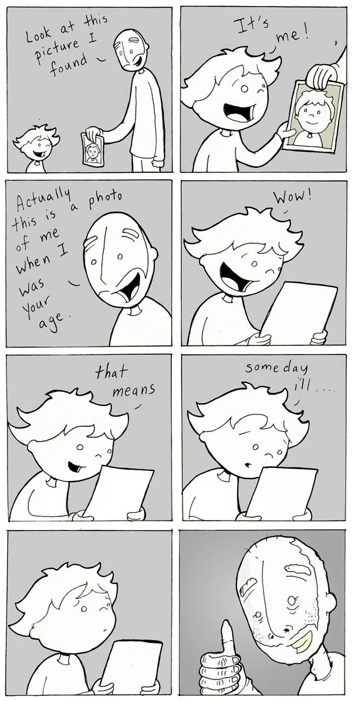 Comic showing a dad sharing a childhood photo about kindness and growing up