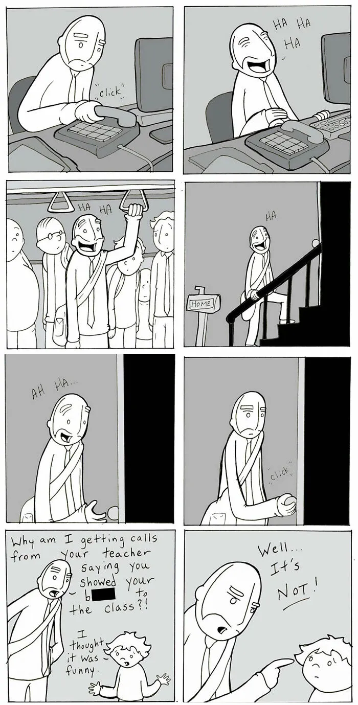 Comic about a man laughing alone then facing a serious talk on kindness