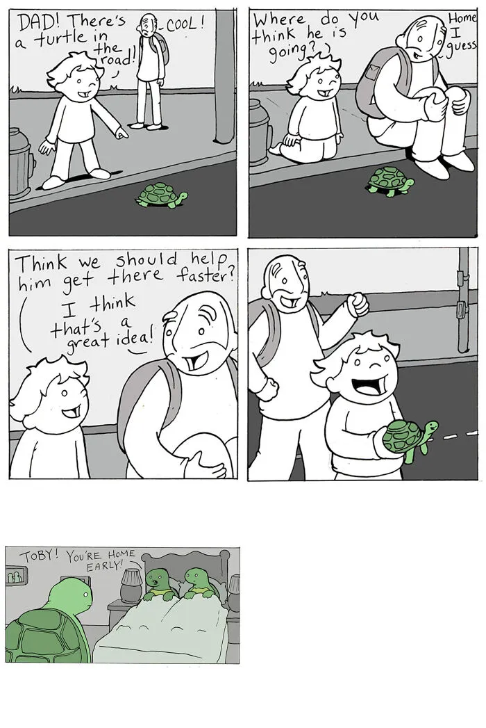 Dad and child rescue turtle in comic about kindness and the world