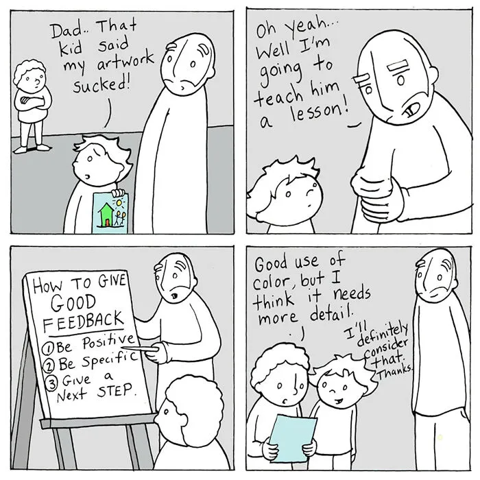 Comic about kindness with a dad teaching his child how to give good feedback and improve artwork