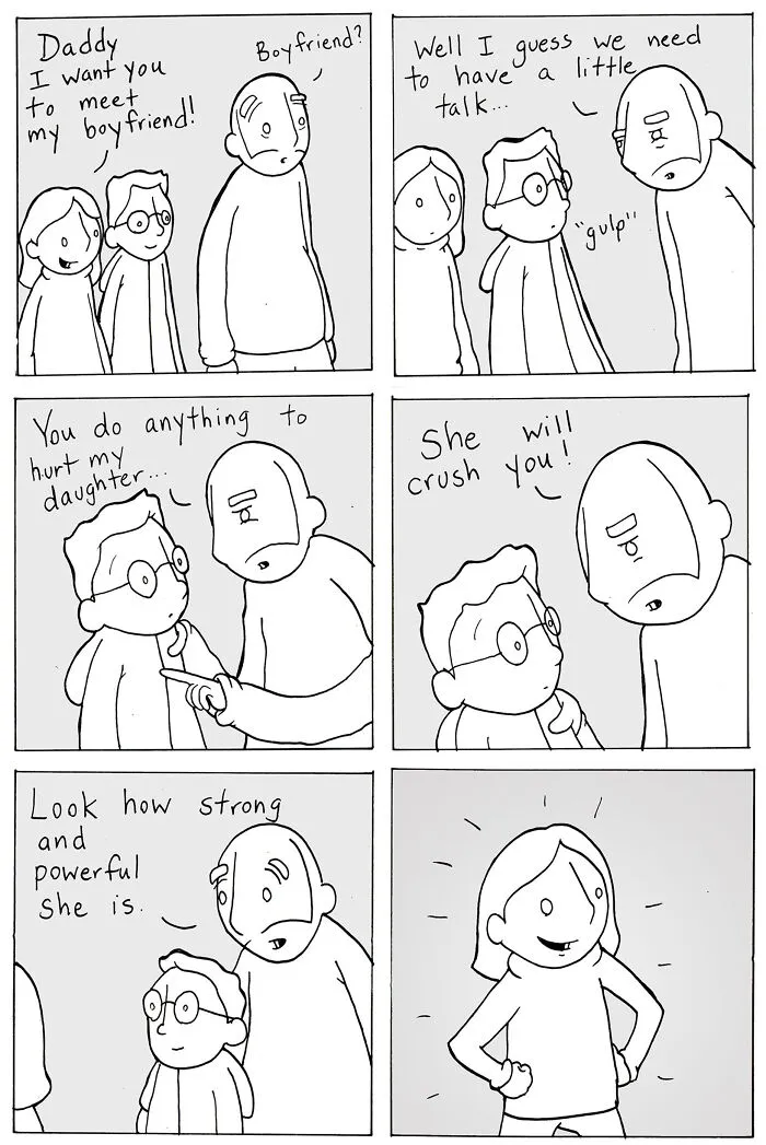 Comic about kindness where a dad reacts to meeting his daughter's boyfriend and admires her strength