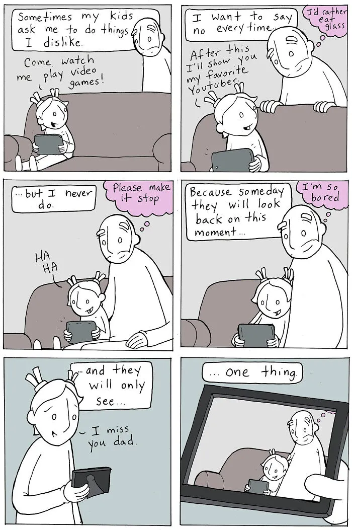 Comic about kindness showing a dad spending time playing video games with his child despite dislike
