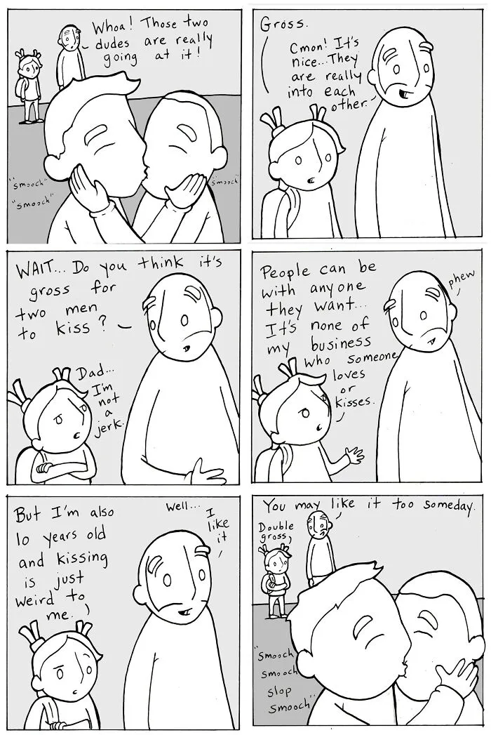 Comic about kindness showing two men kissing and a dad explaining it's okay to love who you want