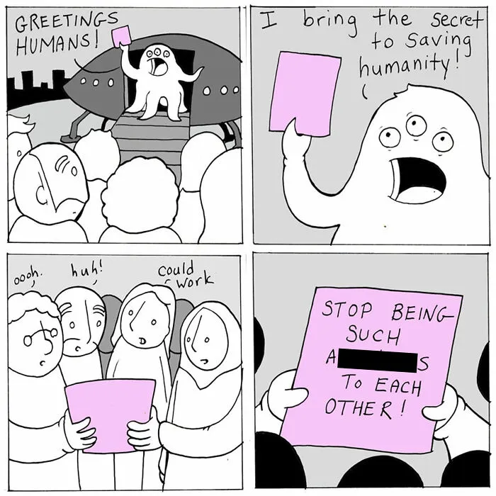 Alien comic panel delivering a message to stop being mean to each other