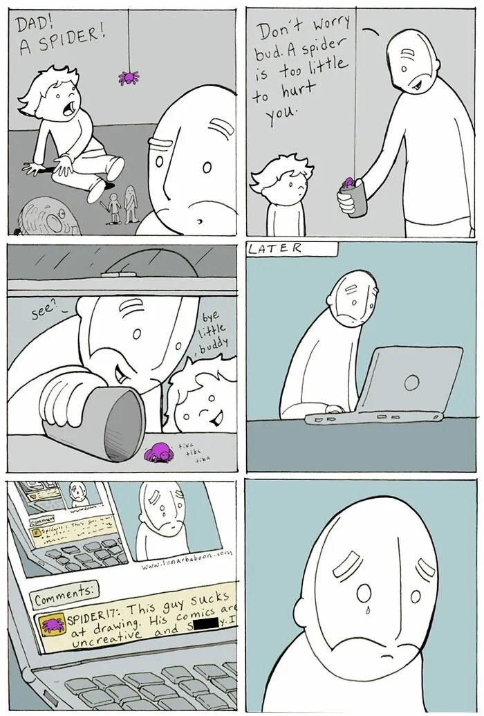 Dad comforts child about spider but struggles with harsh online comments