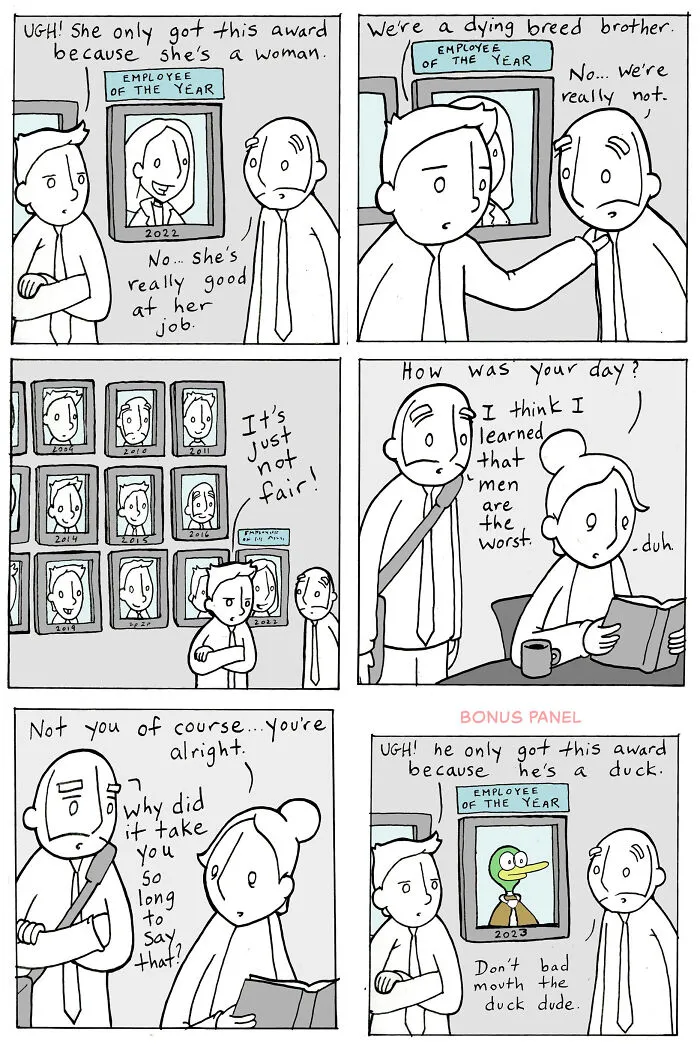 Workplace comic exploring fairness and gender bias in employee awards