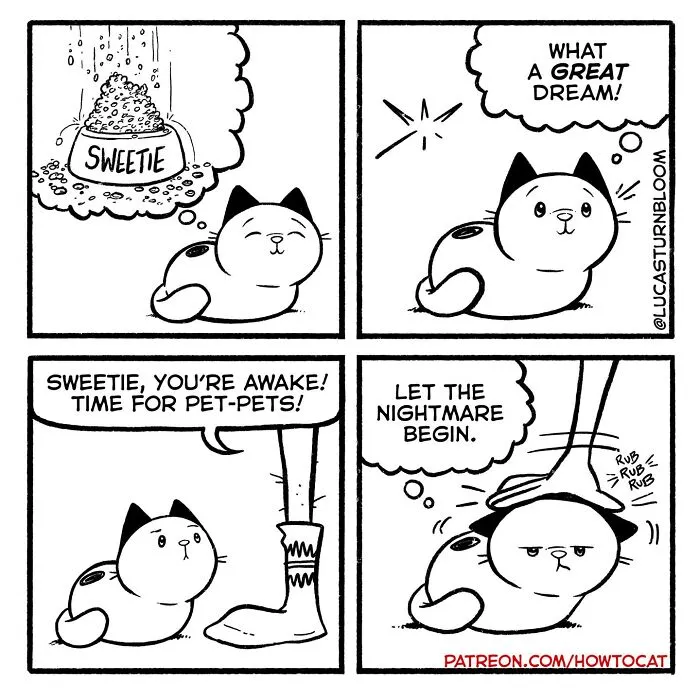 Relatable cat behaviors comic showing a cat dreaming of food and disliking unwanted petting