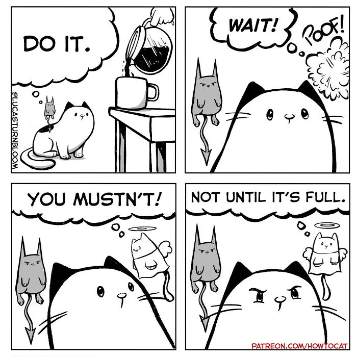 Comic depicting mischievous, relatable cat behaviors with a devil cat tempting it to knock over a cup