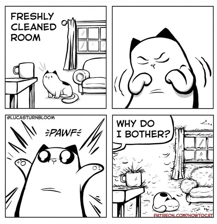 Comic by Lucas Turnbloom illustrating relatable cat behaviors when a cat sheds hair everywhere in a clean room.