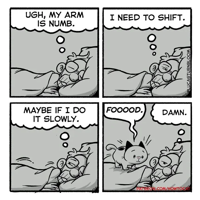 Relatable cat behaviors comic panel by Lucas Turnbloom showing a cat ruining a sleeping owner attempt to shift arms.