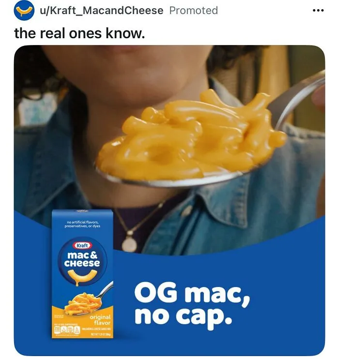 Cringey social media ad for Kraft Mac and Cheese using slang, demonstrating advertising fails.