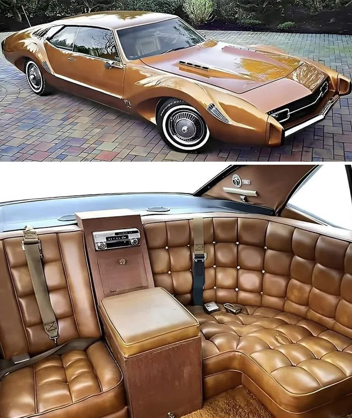 A gold custom classic car from a collection of old photos of America featuring retro plush interior.