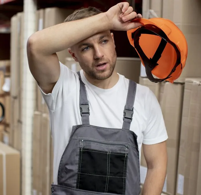 A tired construction worker wiping his forehead after a costly single slip-up on the job.