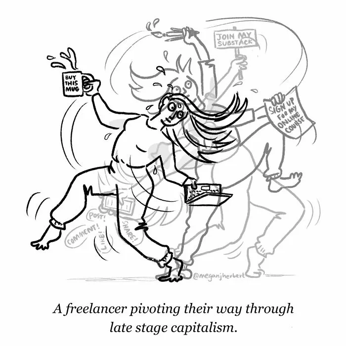 Freelancer juggling multiple tasks in a comic on late stage capitalism