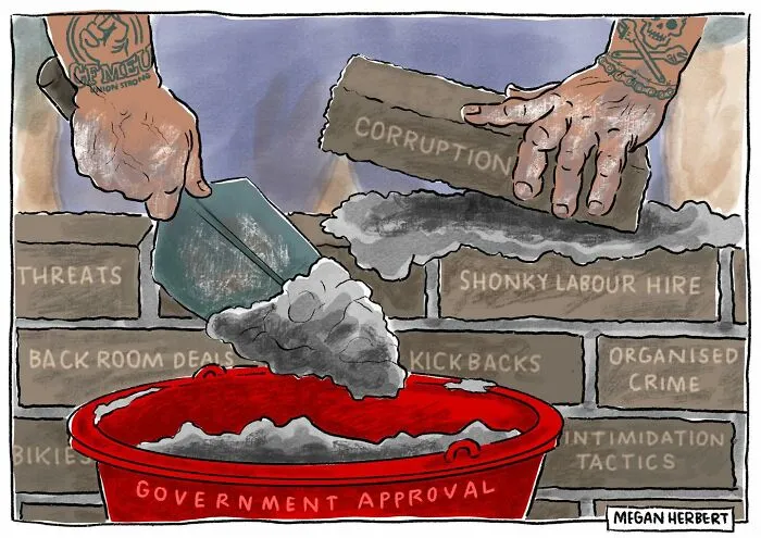 Political cartoon showing government-approved corruption with shady bricks