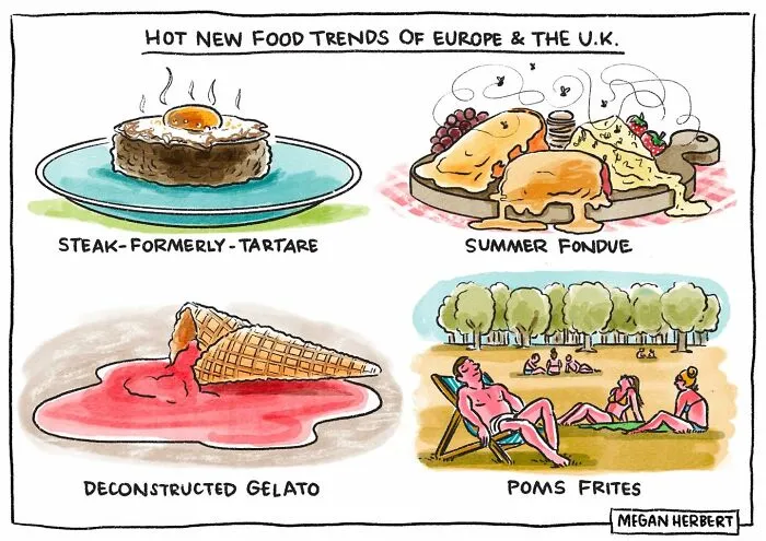 Comic of hot European food trends including steak tartare and summer fondue