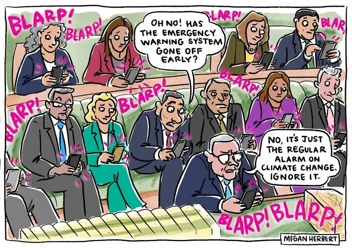 Cartoon of people on phones ignoring climate change alarm in a meeting