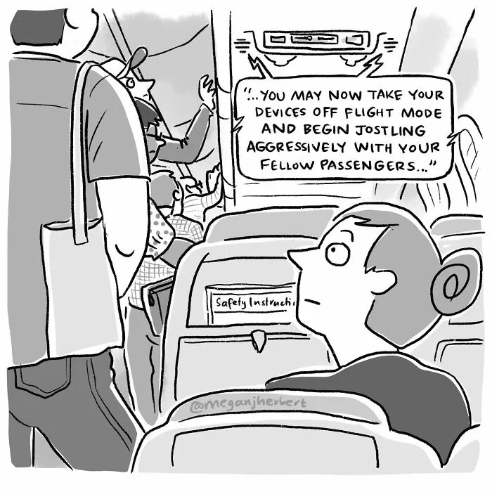 Cartoonist's comic showing aggressive passengers after flight mode off